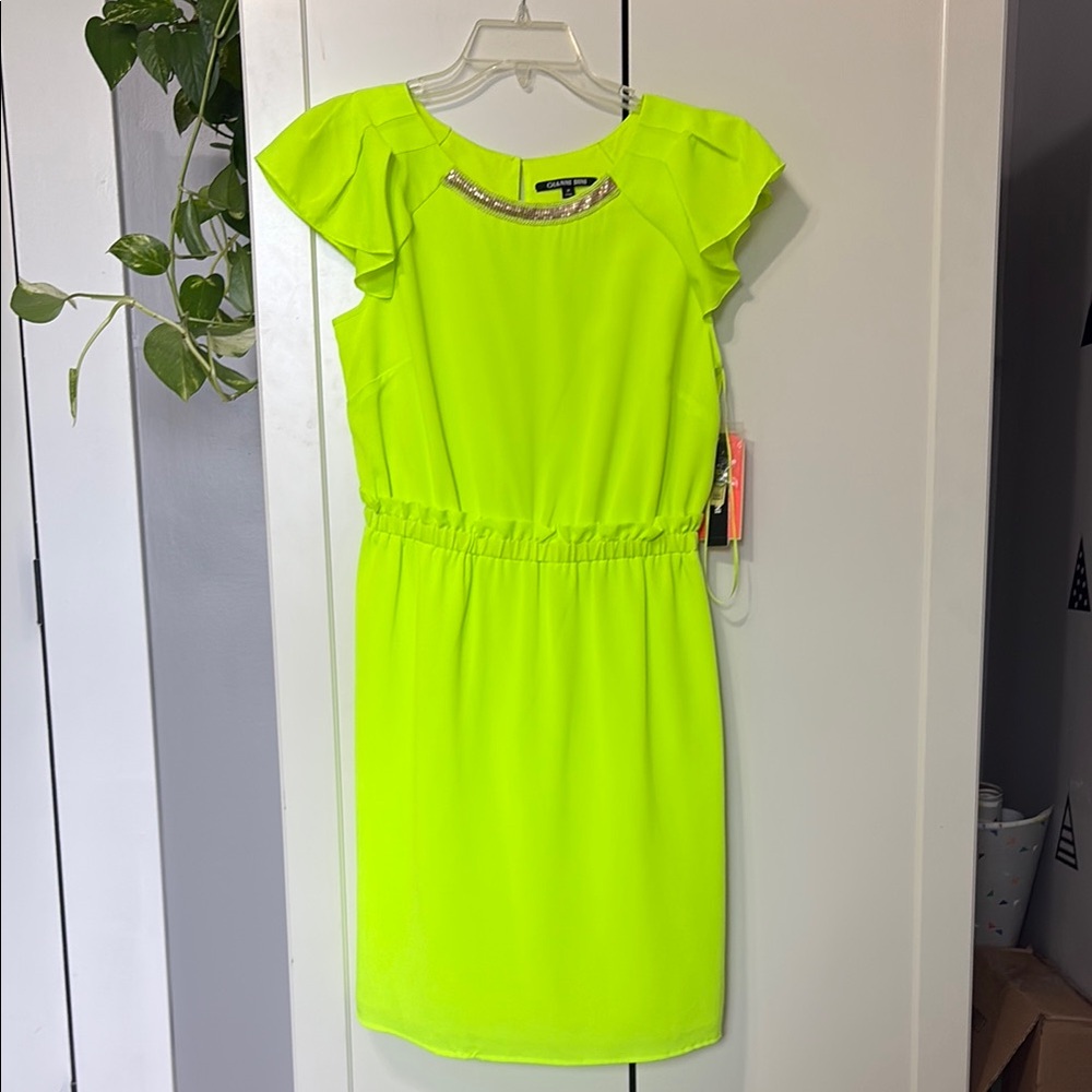 Gianni Bini Neon Green Sheath Dress with Flutter Sleeves